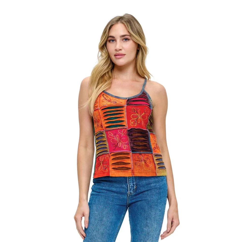 26465 RUST Yak & Yeti Boho Razor Cut Patch Embroidered Tank Top Various Sizes